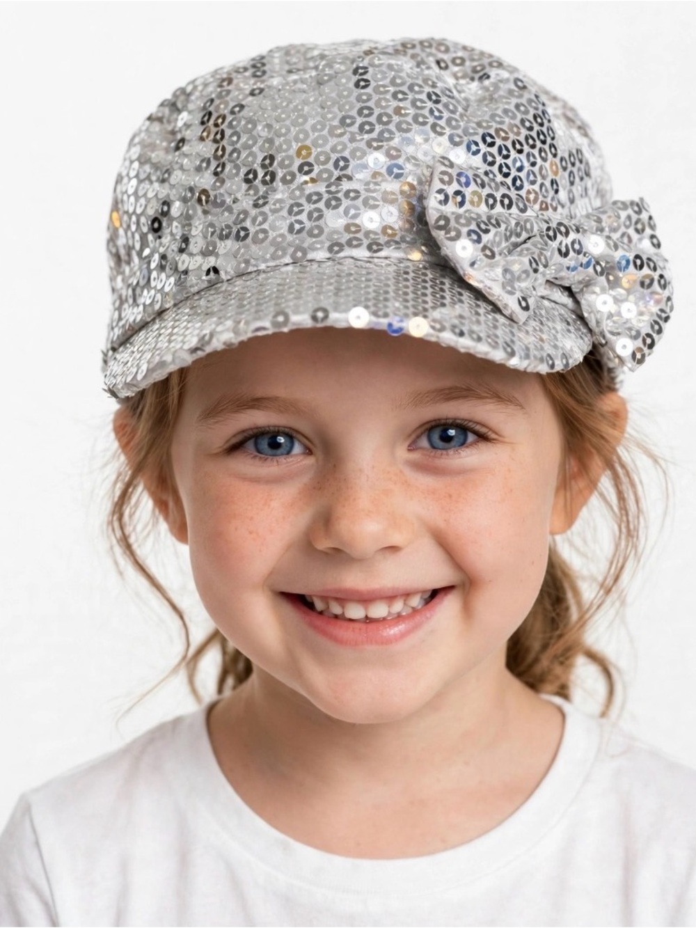 Girls' Silver Sequin Bow Hat - Sparkling Kids Cap